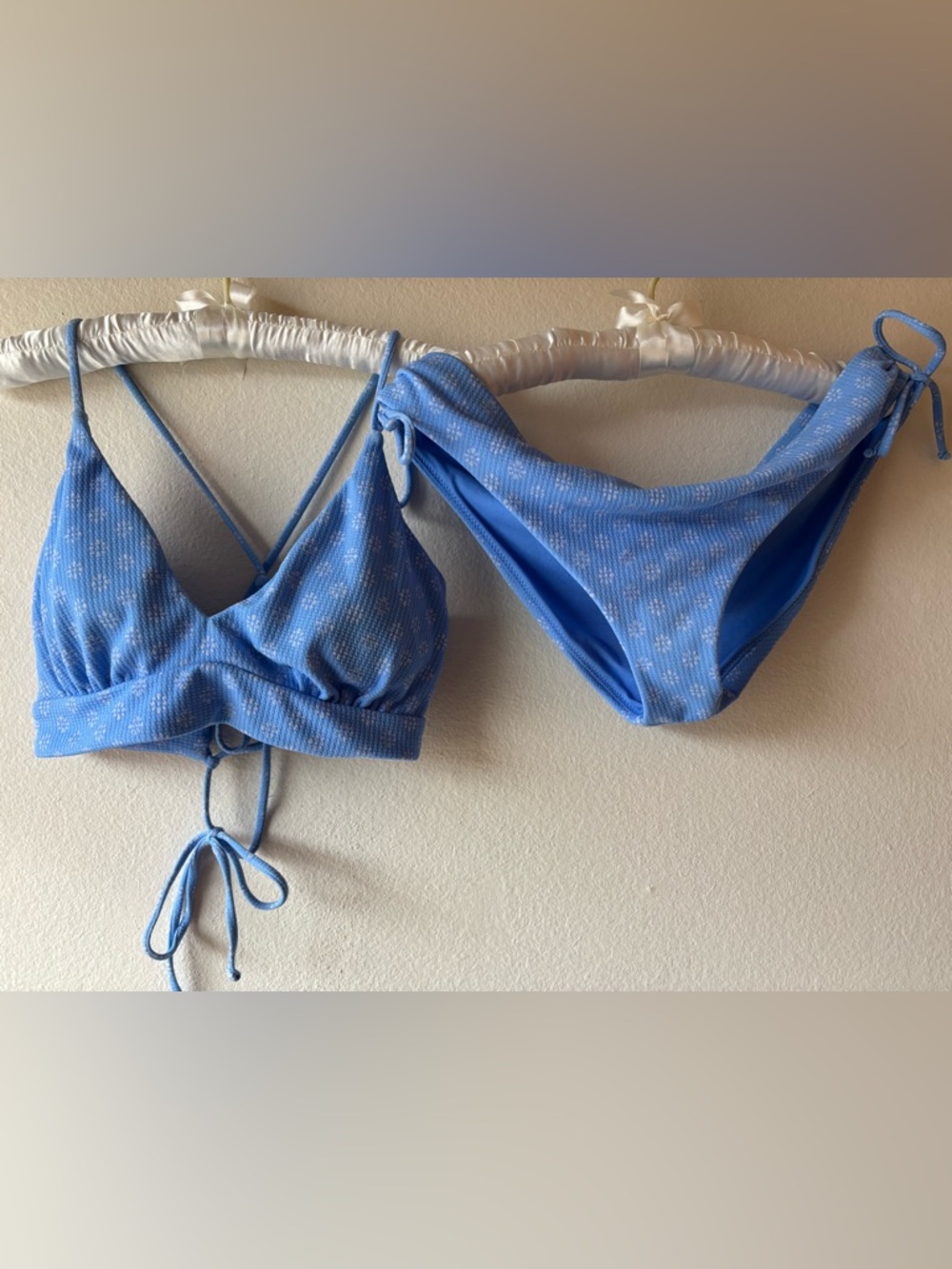 Raisins Light Blue Floral Geometric Textured Tie Detail Bikini Matching Set